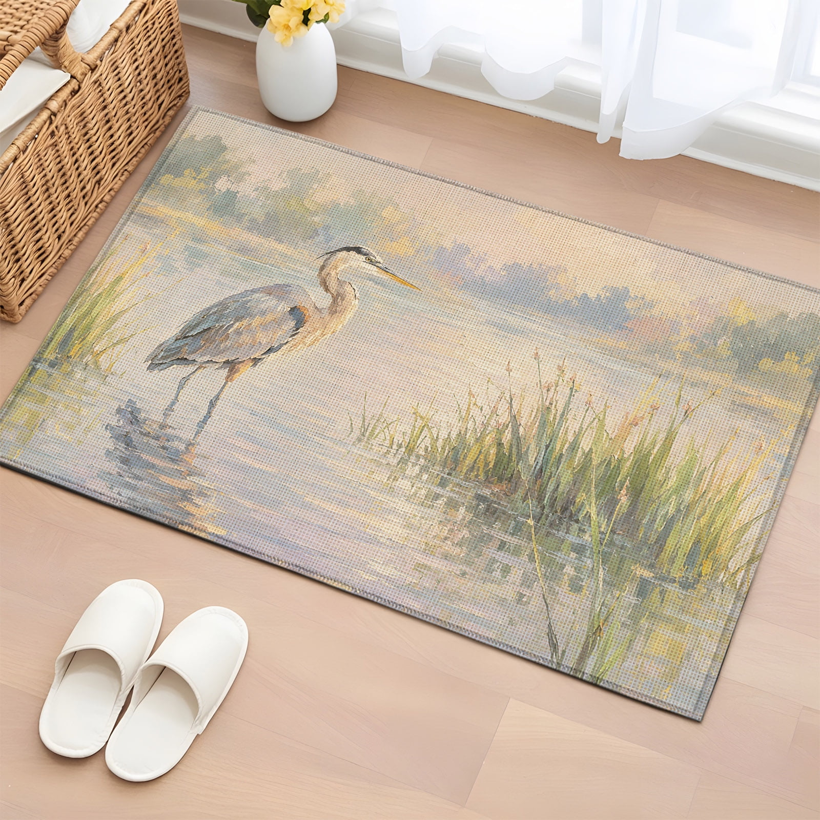 Rectangle Rug 2x3ft Area Rug Retro Heron in River Area Rugs for Living Room Bedroom Farmhouse Water Reflection Floor Mat Non-Slip Non-Shedding Carpet Indoor Accent Rugs