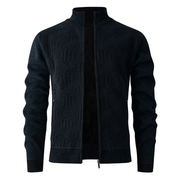 Sweater Jackets for Men 2025 Fall Winter Stand Collar Zip Up Knit Jacquard Jackets Stylish Casual Stretchy Outwear (Navy,XL)