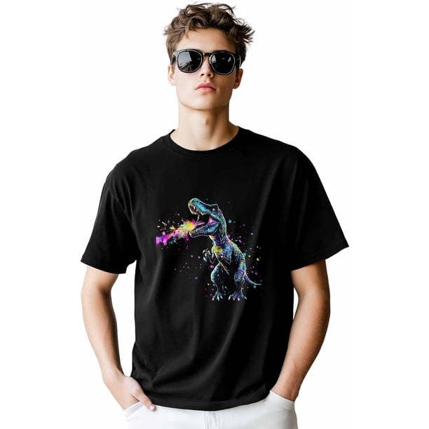 T-Shirts for Men, Abstract Dinosaur Crew Neck Cotton T-Shirt Men's Short Sleeve Color Splash