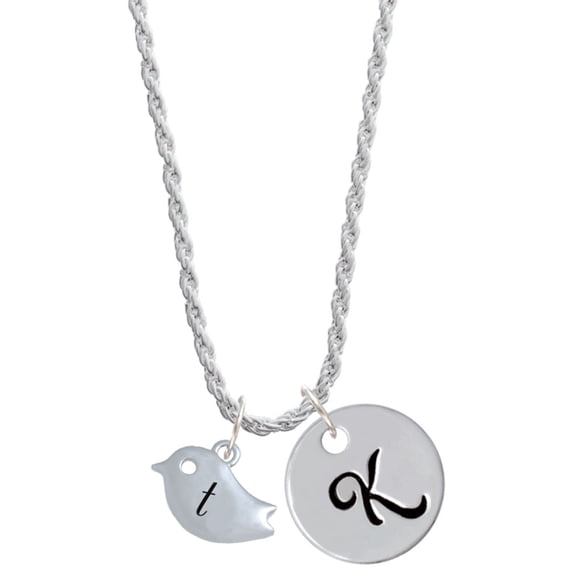 Delight Jewelry Silvertone Little Bird Initial - T - Silvertone Script Initial Disc - K - Charm Necklace, 20"+3"