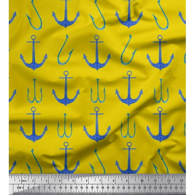 Soimoi Yellow polyester Crepe Fabric Anchor Hook Nautical Print Sewing Fabric Yard 42 Inch Wide
