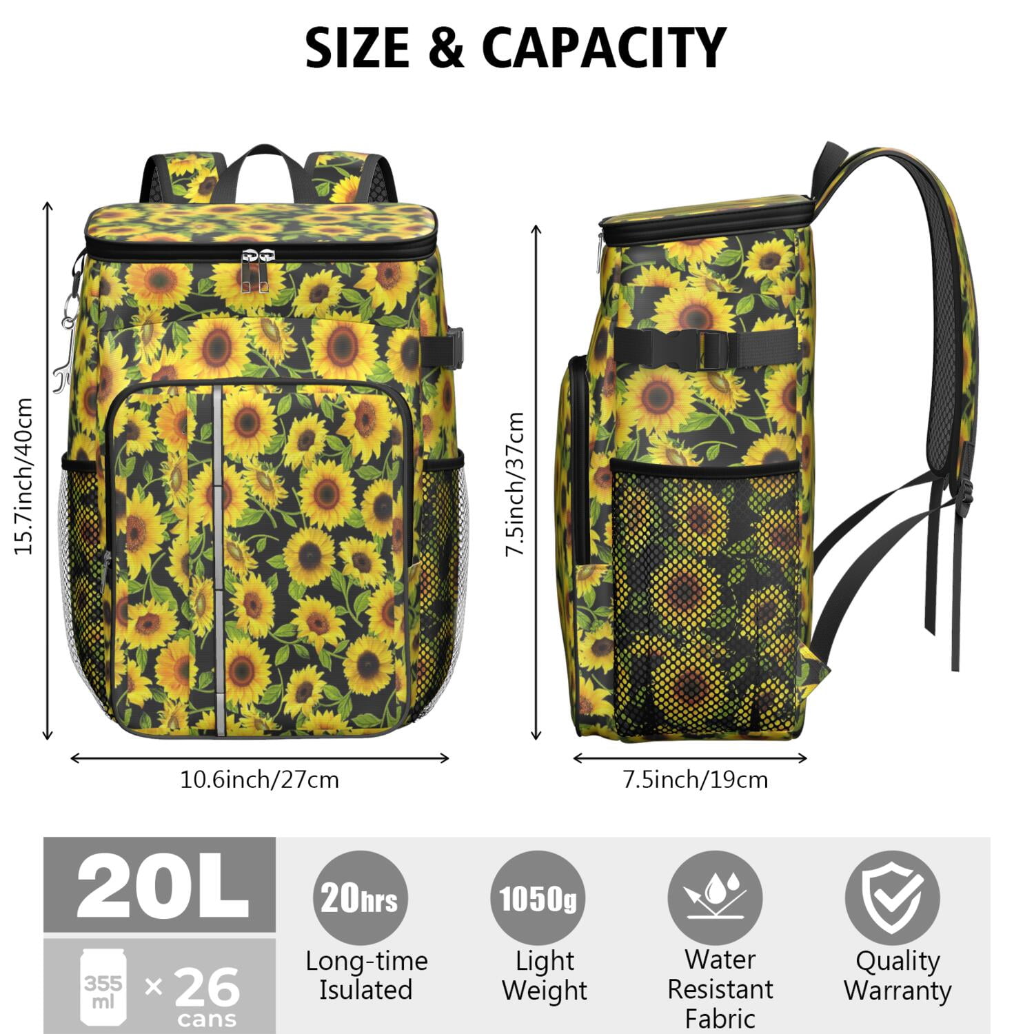 Travel Cooler Bag - Sunflower Camping Beer Cooler Backpack with Bottle Opener- Waterproof Insulated Picnic Backpacks - Cooler Bag for Beach