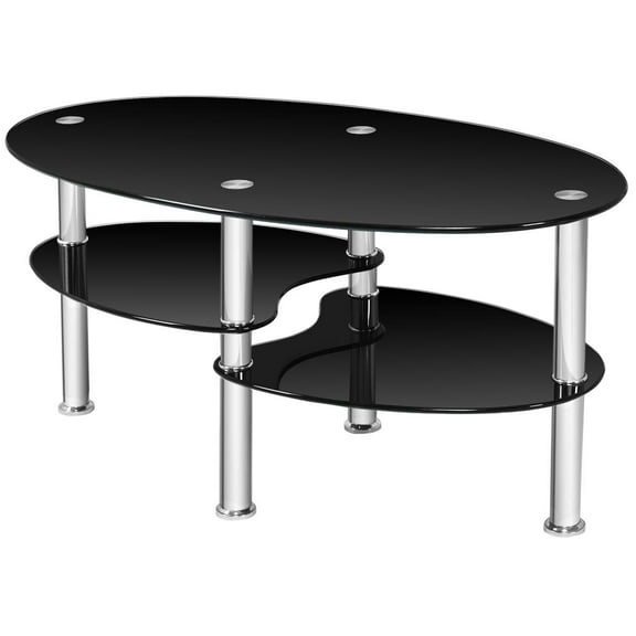 Giantex Tempered Glass Coffee Table, Oval 3-Tier Steel Tea Table w/Spacious Glass Desk-Top, Open Storage Shelf, Modern End Side Table for Home Living Room Office Reception (Clear Glass)