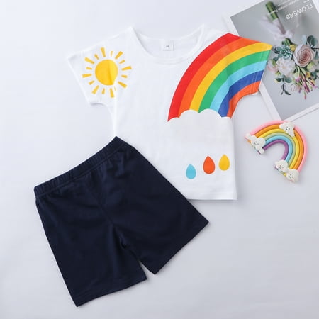 

Puloru Kids Short Sleeve Rainbow Print Tops and Solid Color Short Pants