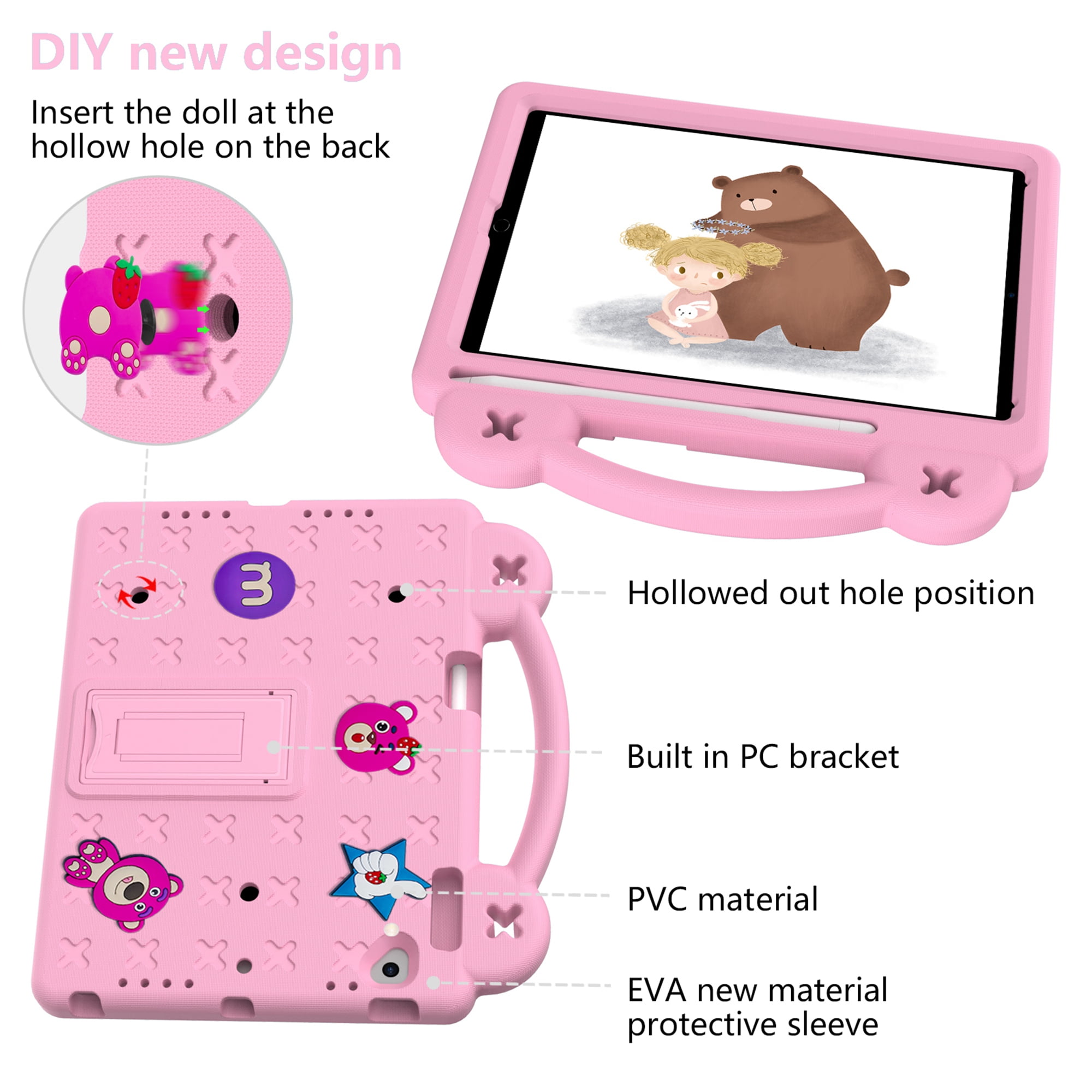 Dteck Kids Case for iPad 6th/5th Generation / iPad Air 2 / iPad Air 9.7 Inch, DIY Cute Cartoon Toys for Kids Child Proof Shockproof iPad 9.7 Case with Handle Stand Pencil Holder,Pink