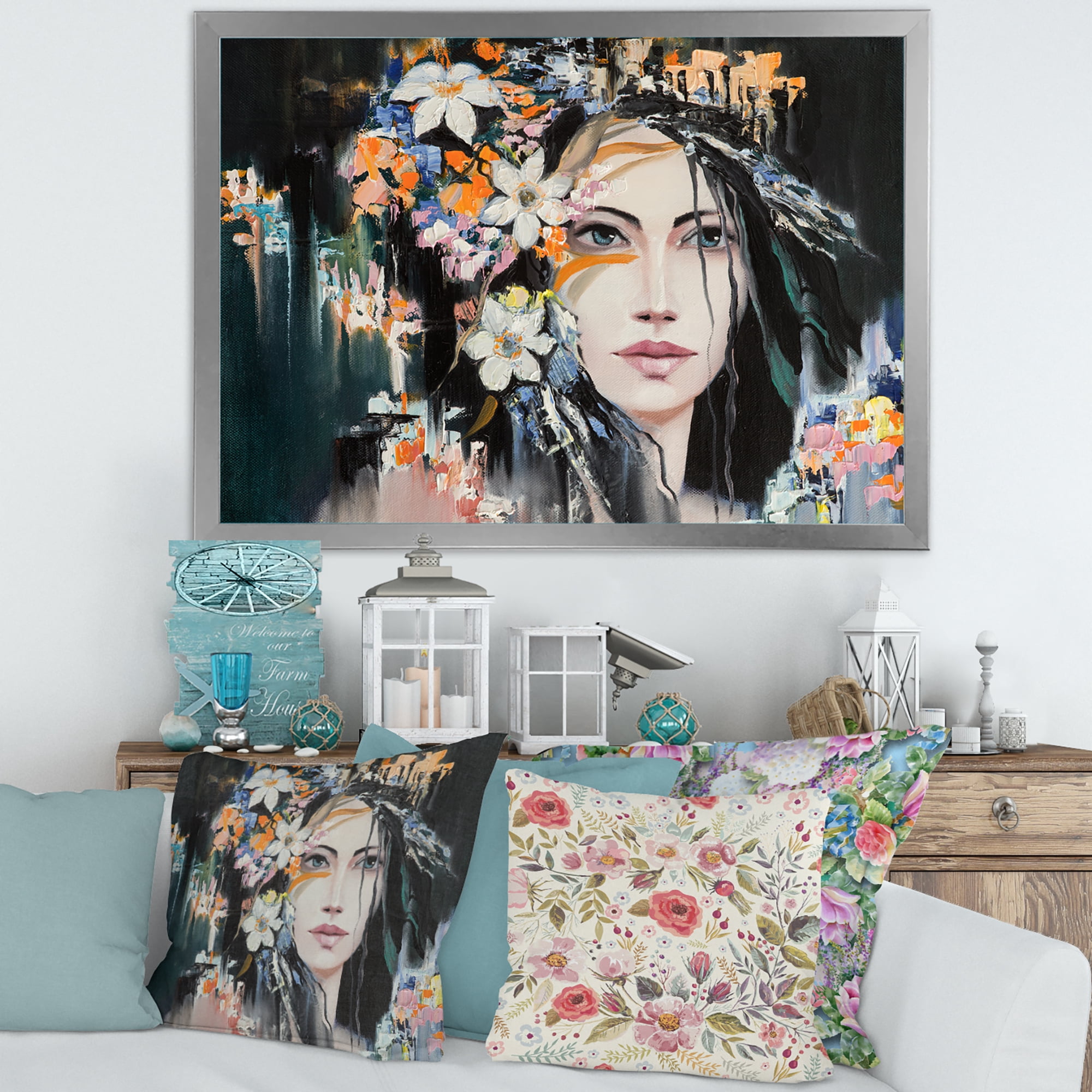 Designart 'Portrait Of A Young Woman With Flowers I' Modern Framed Art Print