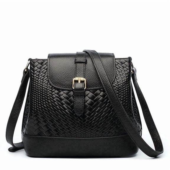 Genuine Leather Cowhide Crossbody Bag, Women's Woven Shoulder Bucket Bag