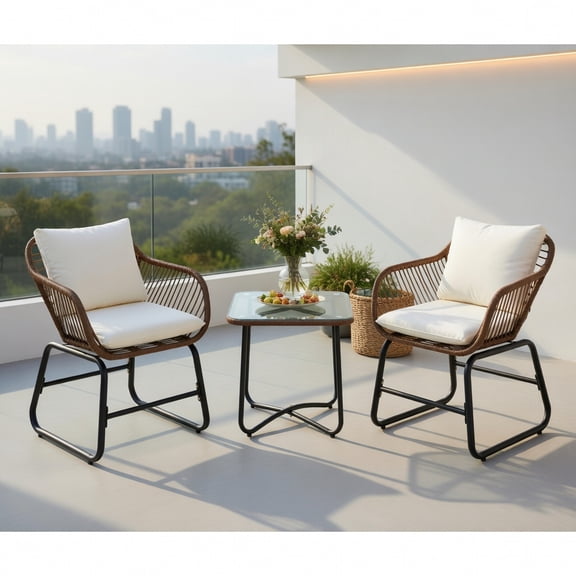 Topcobe 3 Pieces Patio Rattan Bistro Set Cushioned Chair Glass Table Deck, Outdoor Patio Furniture, White
