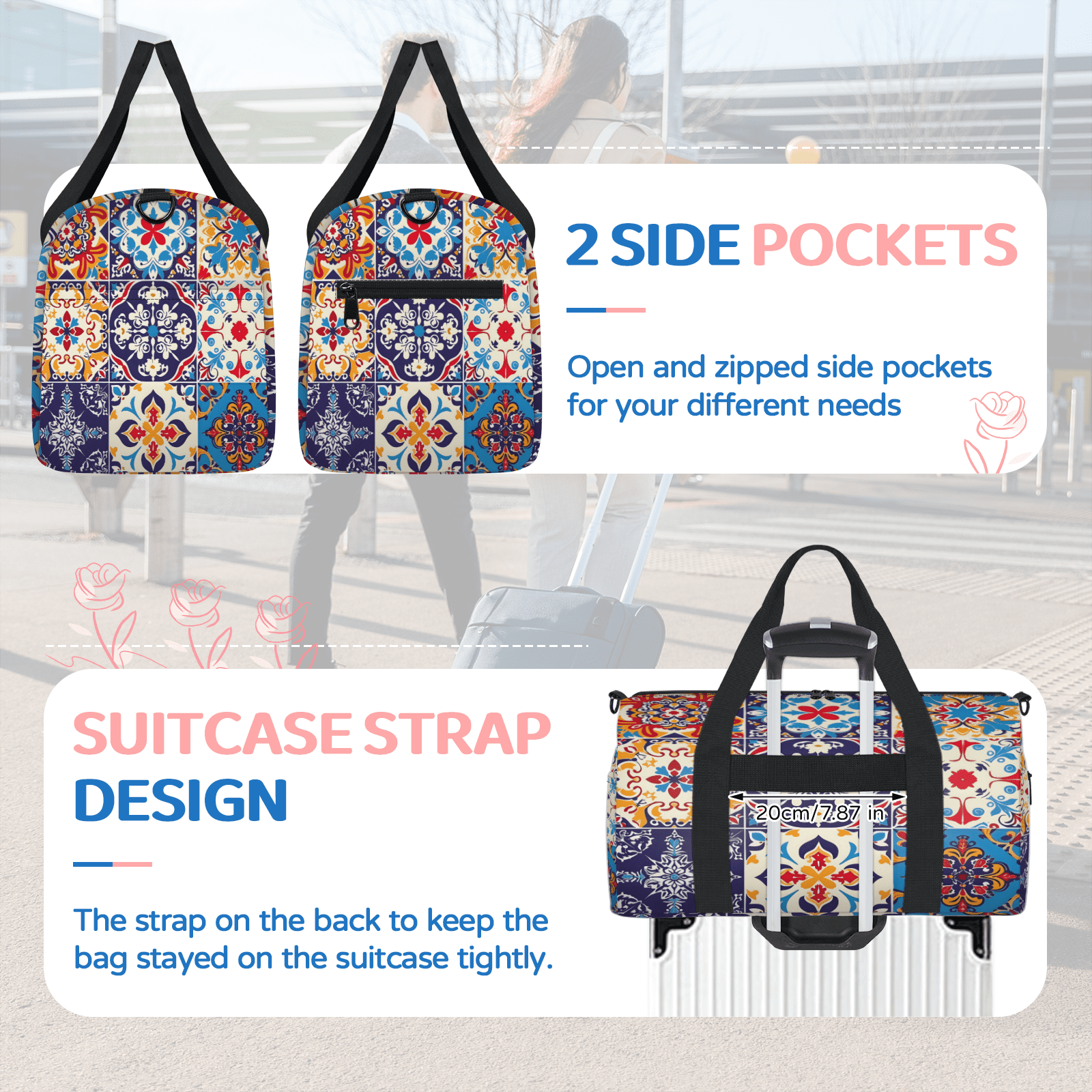 Herdesigns Mexican Talavera Tile Gym Bag for Women, Duffle Bag for Travel Sport, Lightweight Waterproof Carry on Weekender Overnight Dance Yoga Workout Bags