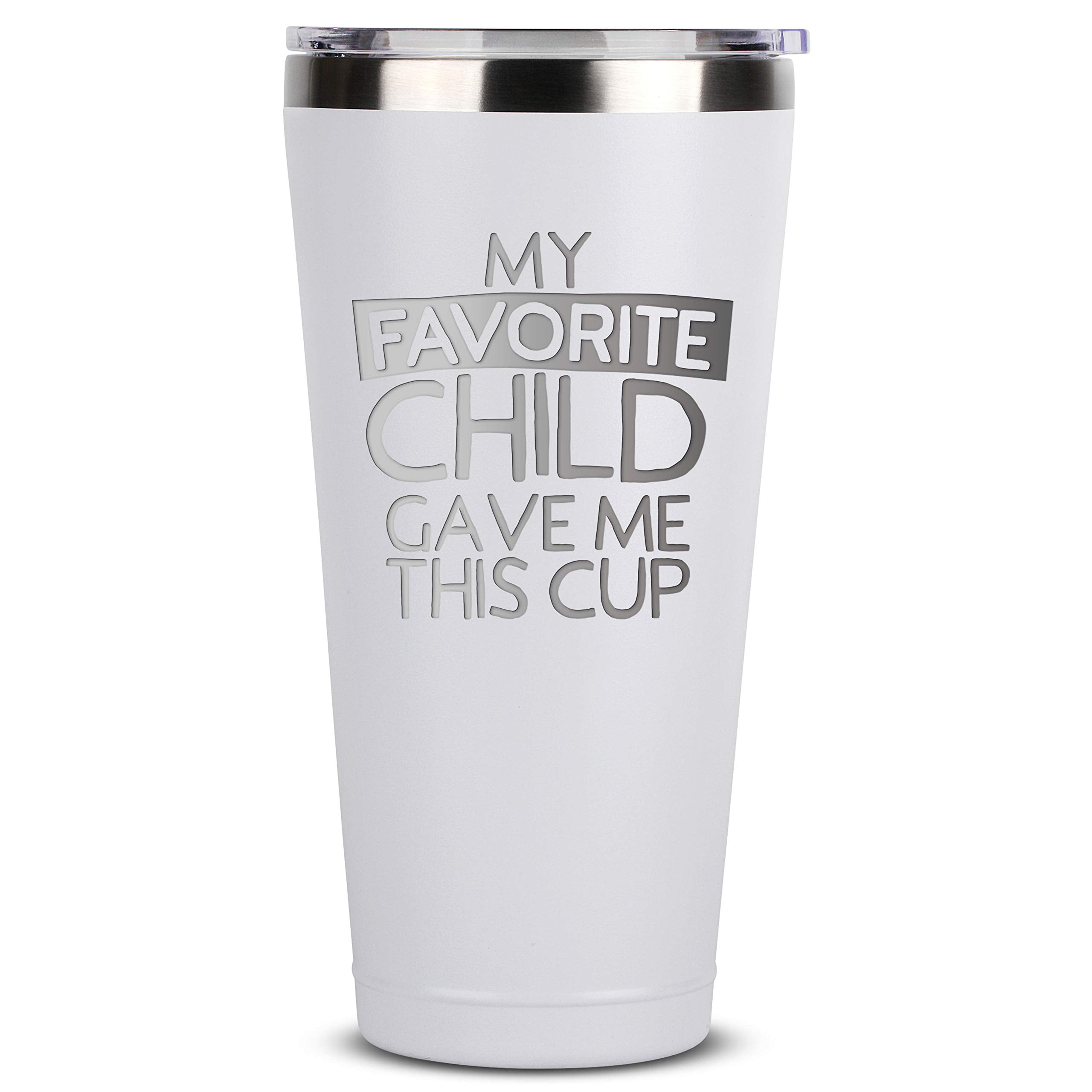 Moms Dads Gifts Mugs My Favorite Child Gave Me This Cup Birthday Mothers Fathers Day Christmas Gift Ideas from Daughter Son Kids 16 oz White Insulated Stainless Steel Tumbler w/Lid for Mom Dad 