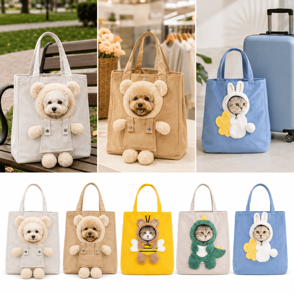 Pet Canvas Shoulder Bag with Head Hole, White Teddy Bear Style, Cute Dog Tote Bag Carrier for Small Dogs and Cats, Portable Puppy Cat Shoulder Bag for Walking Shopping Travel