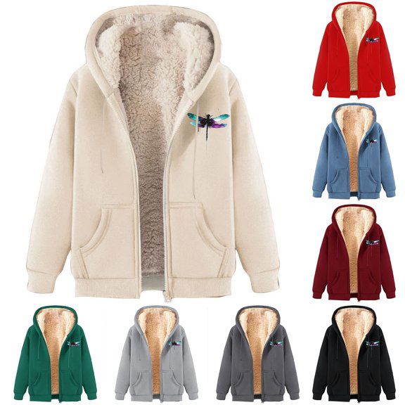 BiZtdJrK Sherpa Jackets for Women Casual Long Sleeve Zip Up Hoodies Winter Warm Fleece Lined Hooded Coats Dragonfly Print Sweatshirts Going Out Tops Daily Sales Black L