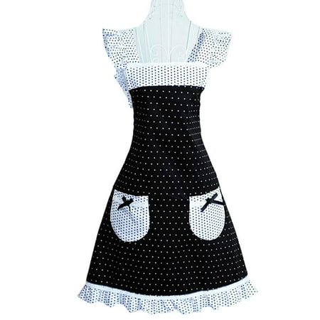 

Vintage Polka Dot Kitchen Apron for Women Girls Sweet Retro Ruffled Strap Adjustable Maid Waitress Cooking Bib with Bowknot Pockets for Baking Florist