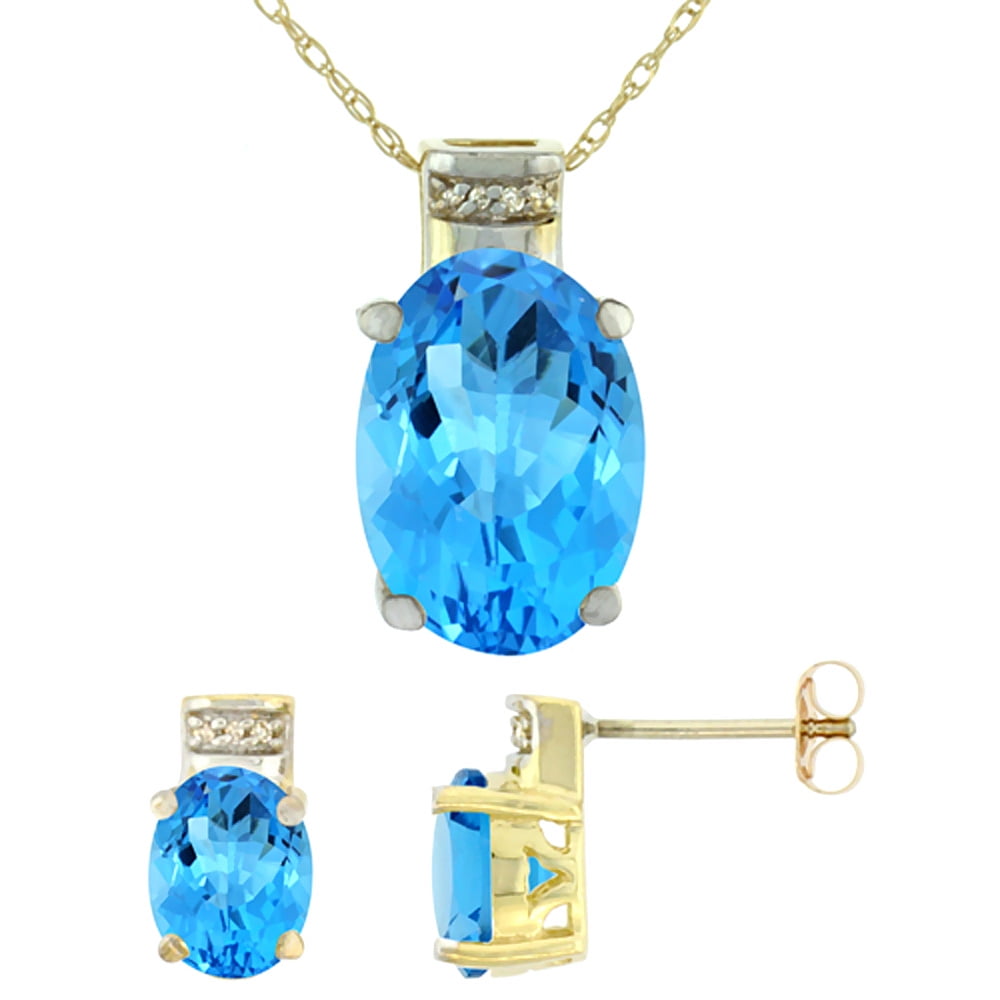 10K Yellow Gold Natural Oval Swiss Blue Topaz Earrings & Pendant Set Diamond Accents by WorldJewels