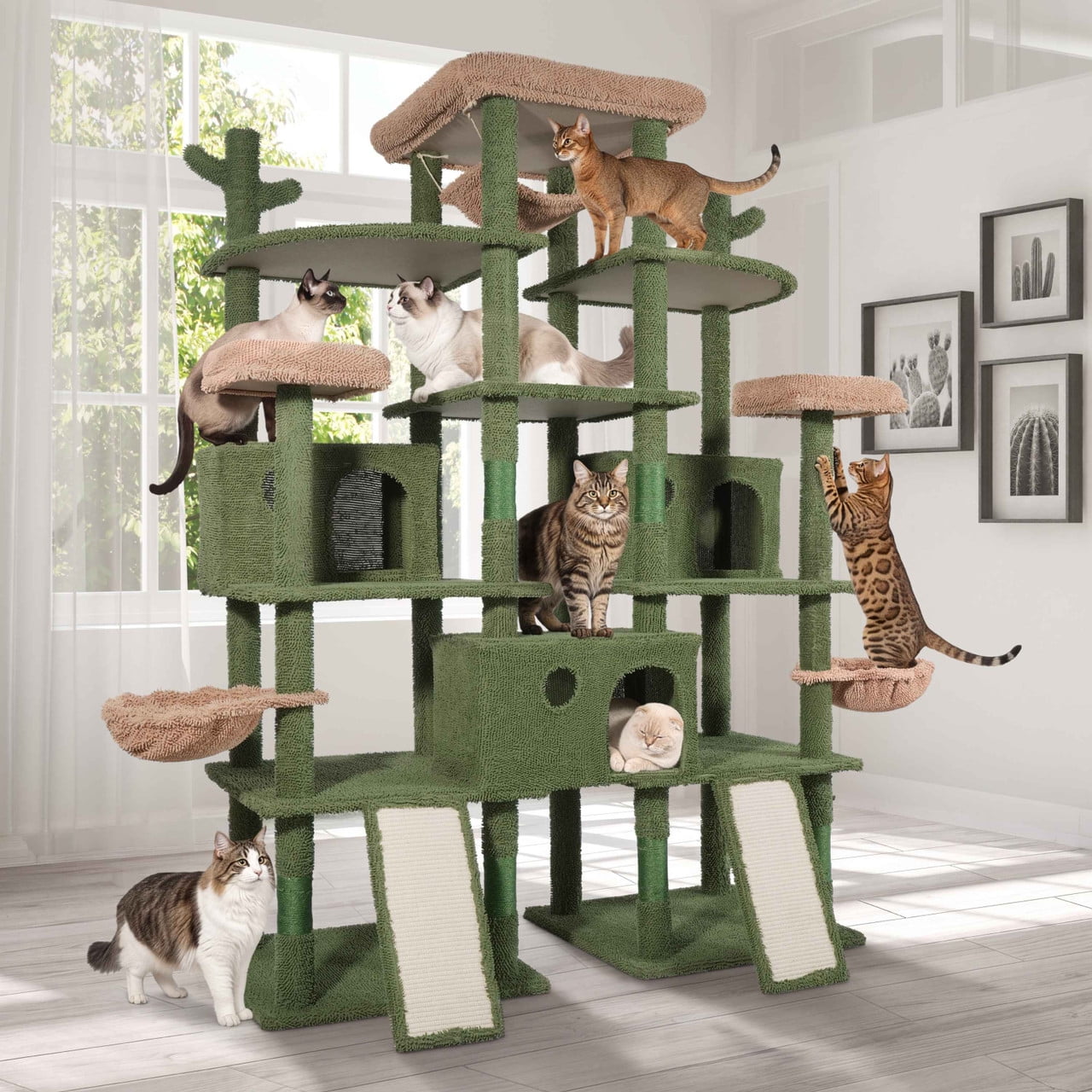 CAPHAUS 80-Inch Extra Large Cactus Cat Tree w/Widened Perch for Large Cats, Big Cat Tower Indoor, Modern Multi-Level Activity Tower with Scratching Posts, Condos, Baskets, Hammock, Scratching Ramps