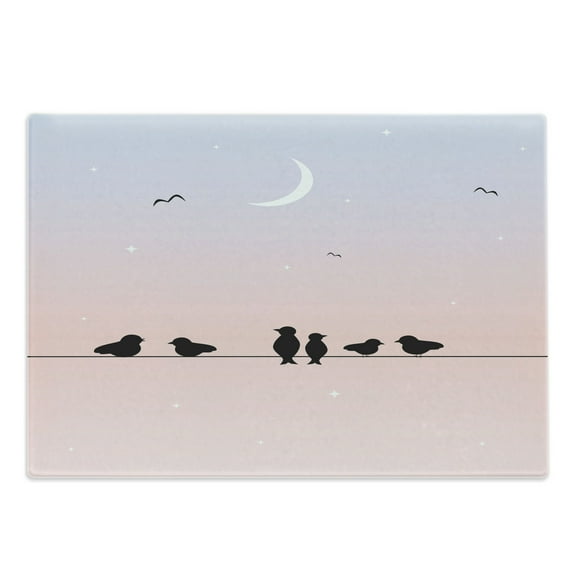 Bird on a Wire Cutting Board, Silhouettes of Moon in a Pastel Tone Ombre Effect Twilight, Decorative Tempered Glass Cutting and Serving Board, in 3 Sizes, by Ambesonne