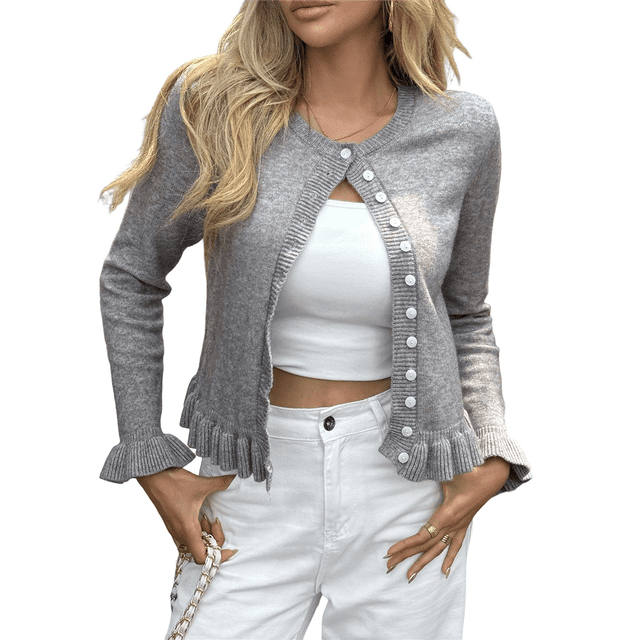 Womens Button Down Cardigan Sweaters Light-Weight Long Sleeve Crew Neck Summer Knit Open Front Tops Grey L