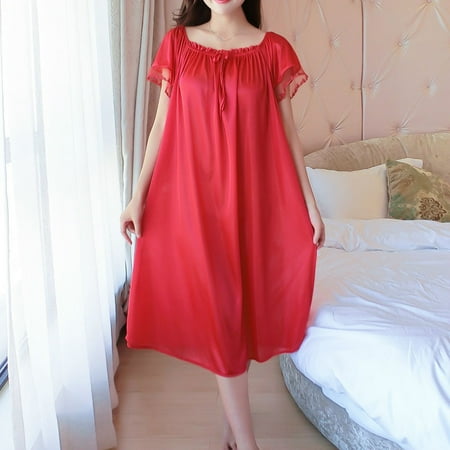 

HRSR Ladies Nightgown Soft Crew Collar Short Sleeve Long Sleeping Dress(Red)