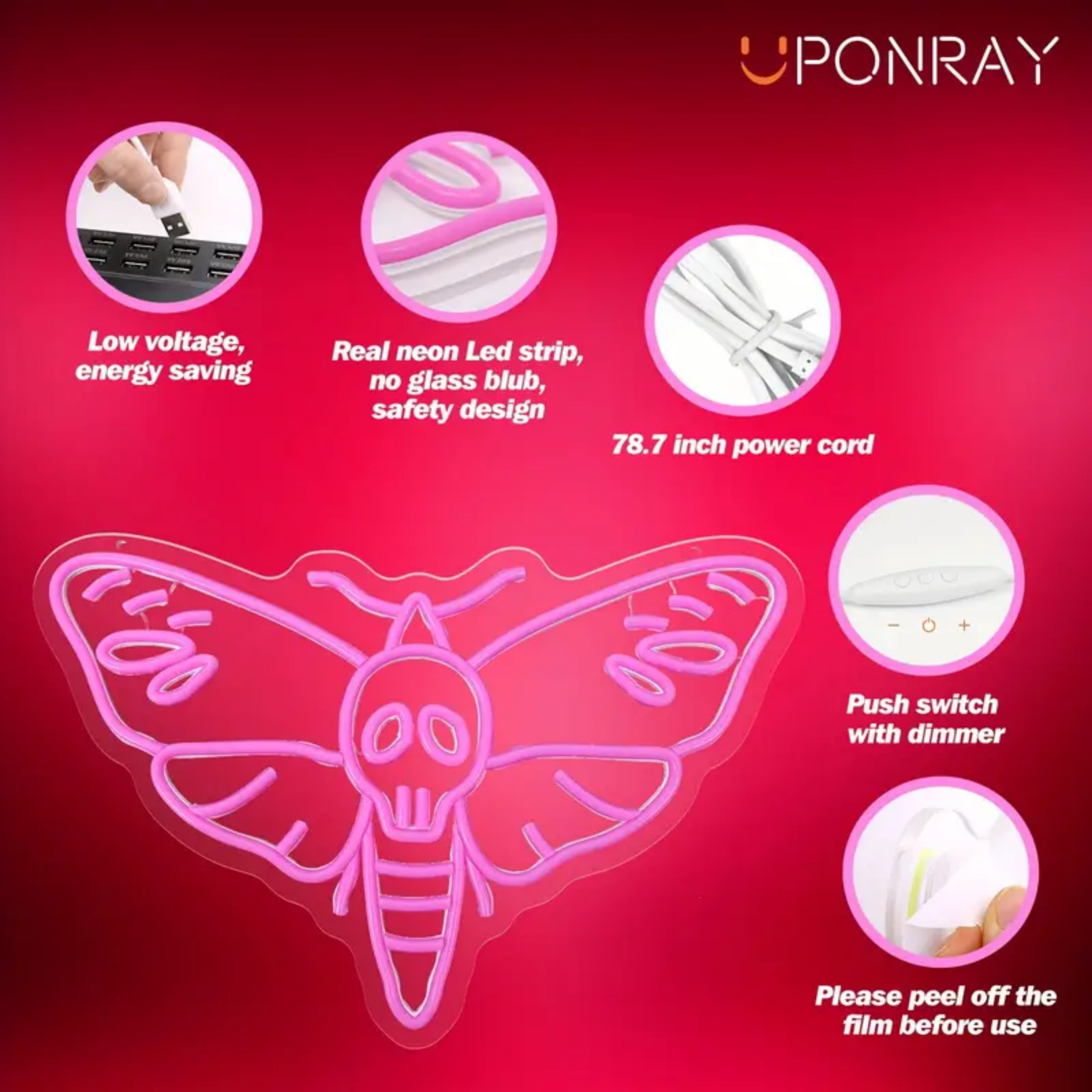 UPONRAY Death Moth Neon Signs, 16.9"*11.1" Dimmable & USB-Powered LED Neon Light, Stylish Wall Decor for Halloween Party, Home, Bar, Shop, Haunted House