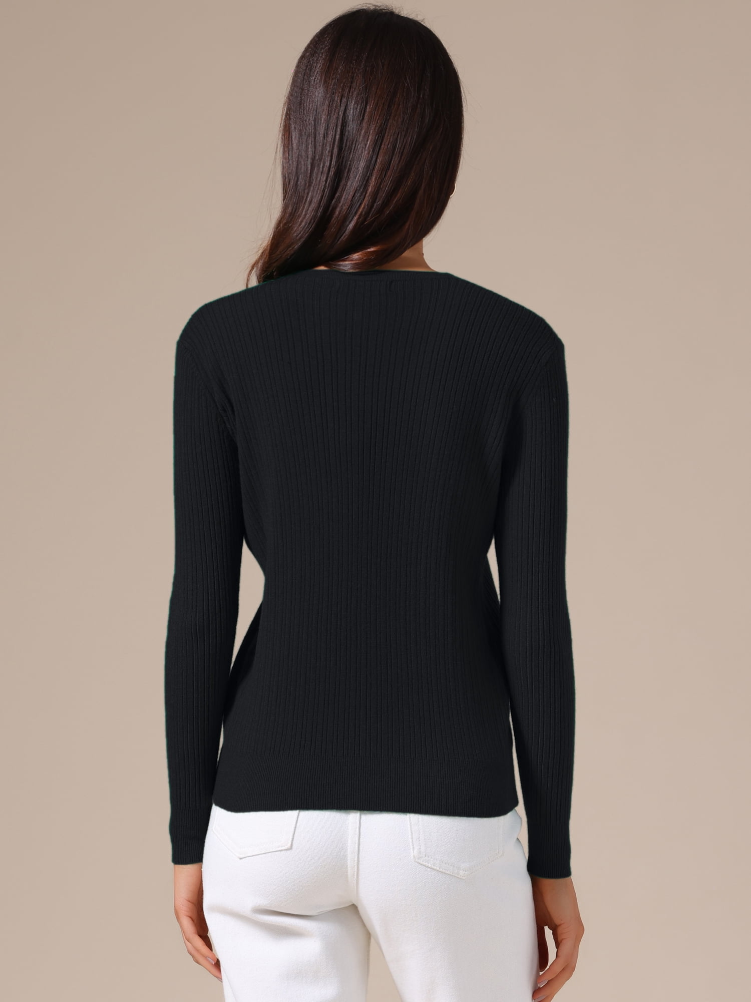 DARING DIVA Women's Long Sleeve Button Decor V Neck Ribbed Knit Sweater L Black