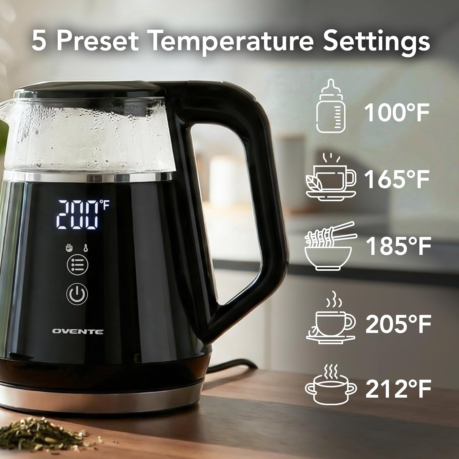 OVENTE 1L Small Electric Kettle with 5 Temperature Preset, Digital Display, 5Hr Keep Warm, Auto Shut-Off, Double-Wall Cool Touch Exterior, Borosilicate Glass,1500W BPA Free Water Boiler, Black KD95B