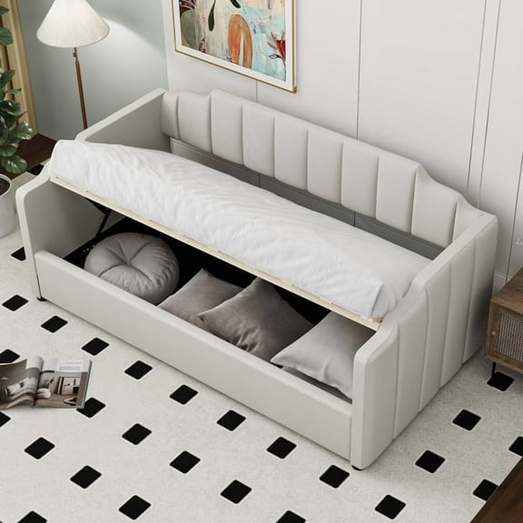 Upholstered Daybed with Underneath Storage,Twin Size, Beige