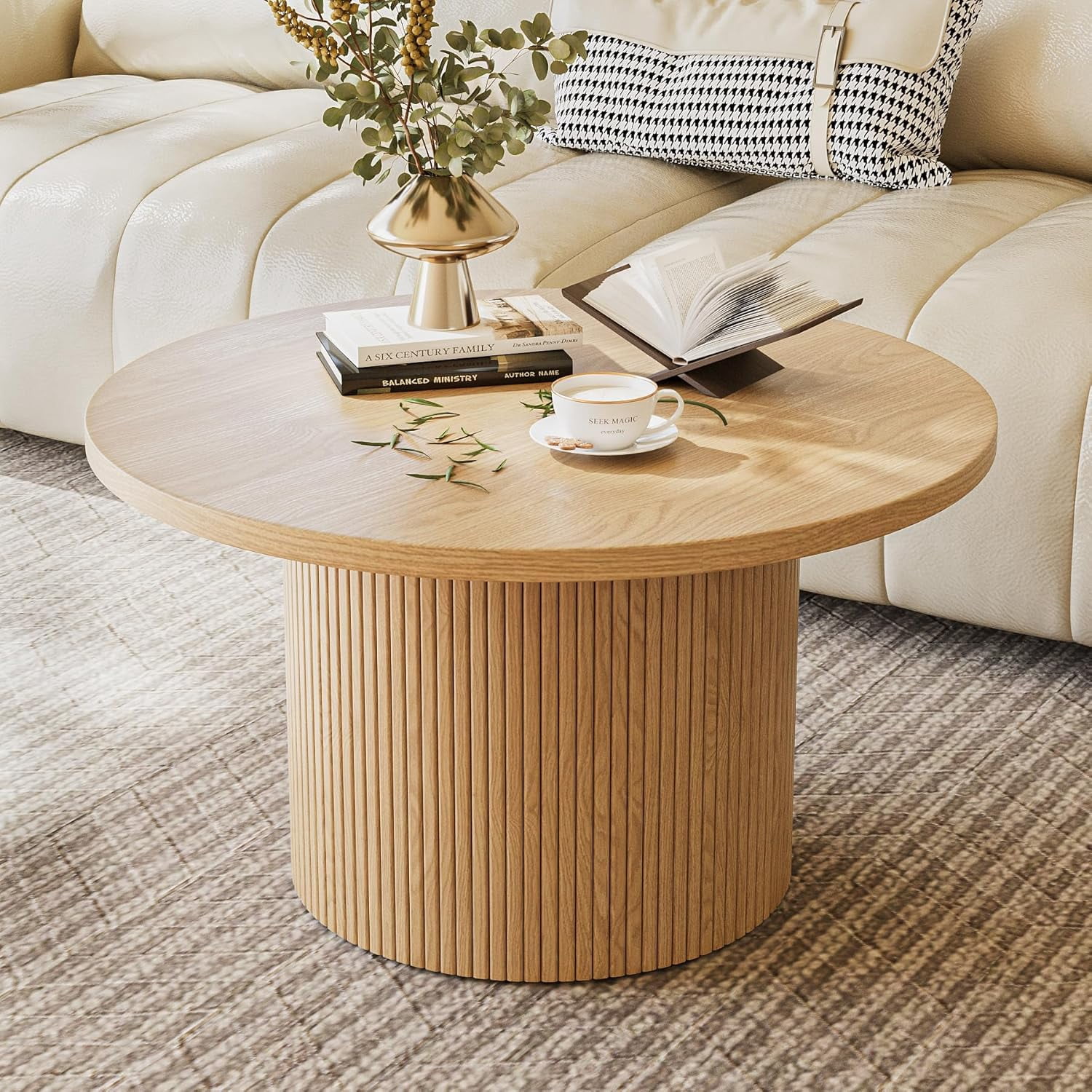 FURNIWAY Round Coffee Table with Storage, 35" Coffee Tables for Living Room, Circle Wood Accent Center Table for Apartment, Oak