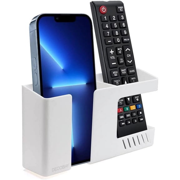 DECOBAY D3 Wall Mount Phone Holder with Adhesive, Punch-Free Phone Charging Stand and Remote Control Storage Box, Bedside Wall Organizer for Bathroom, Kitchen, Bedroom, Office, White