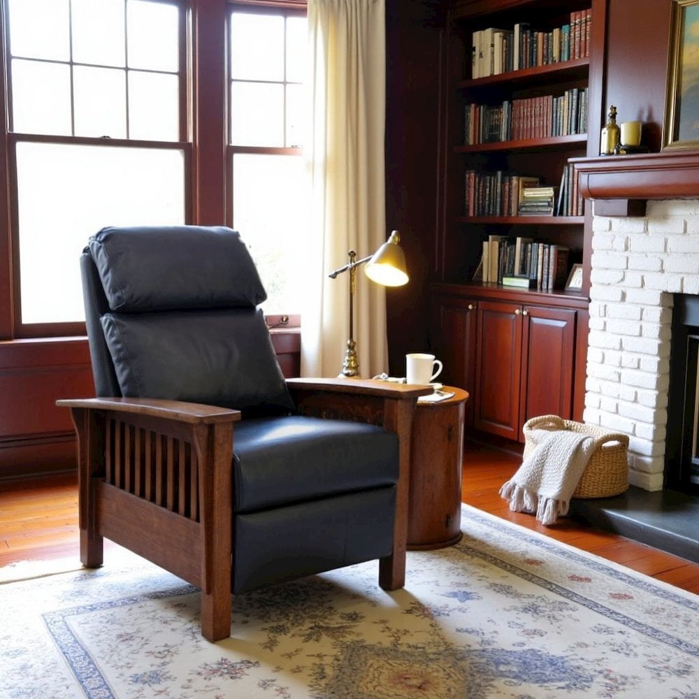 Starlight Canyon Home Dark Blue Leather Reclining Chair with Wood Arms and Manual Recliner