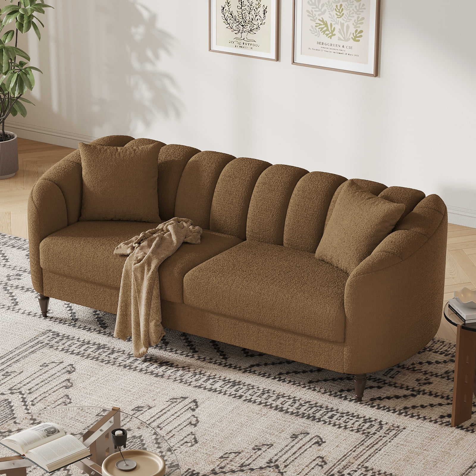 COPIAE 82 Inch Loveseat Sofa,Modern Couch and Sofa,Curved Petal Design Furniture,Sturdy and Easy Installation,Small Sofa for Living Room Bedroom Office and Apartment,Terry Fleece Fabric Brown