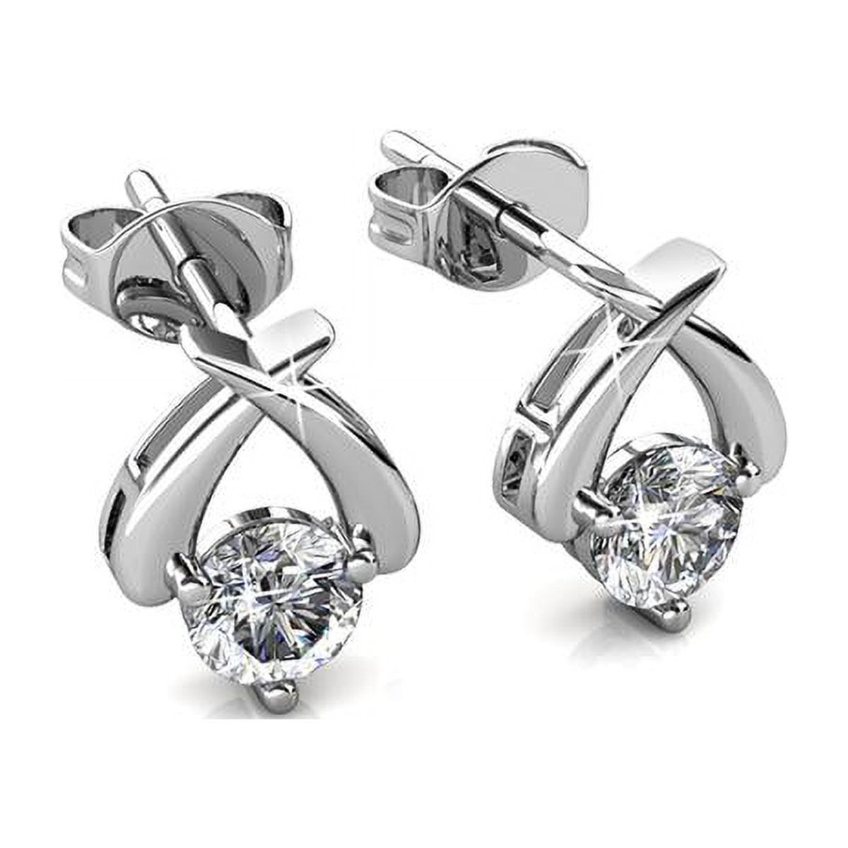 Cate & Chloe Eloise Modest Unique White Gold Stud Halo Earrings, 18k White Gold Plated Studs with Swarovski Crystals, Geometric Stud Earring Set Solitaire Round Cut Crystals - image 3 of 5