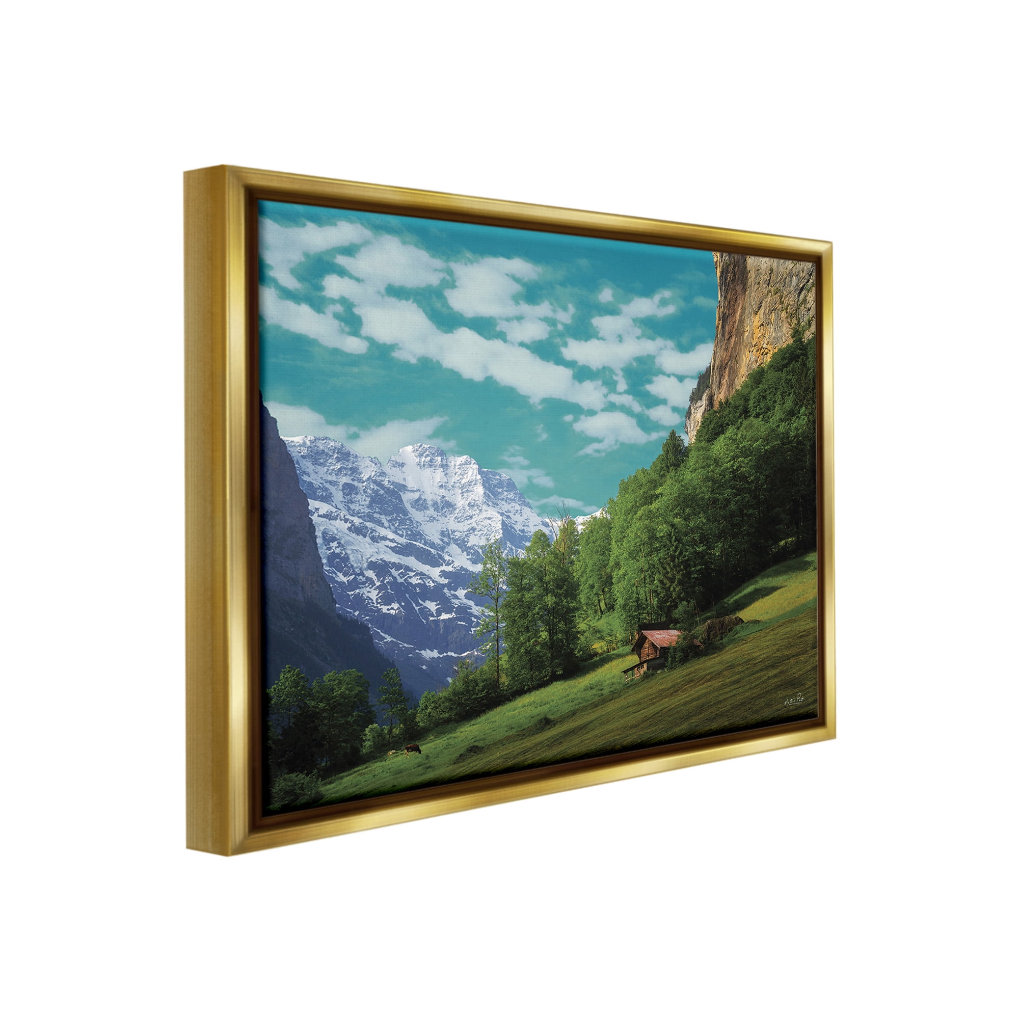 Stupell Industries Mountain Valley Cottage Landscape Photography Gold Floater Framed Canvas Art Print Wall Art, 31 x 25