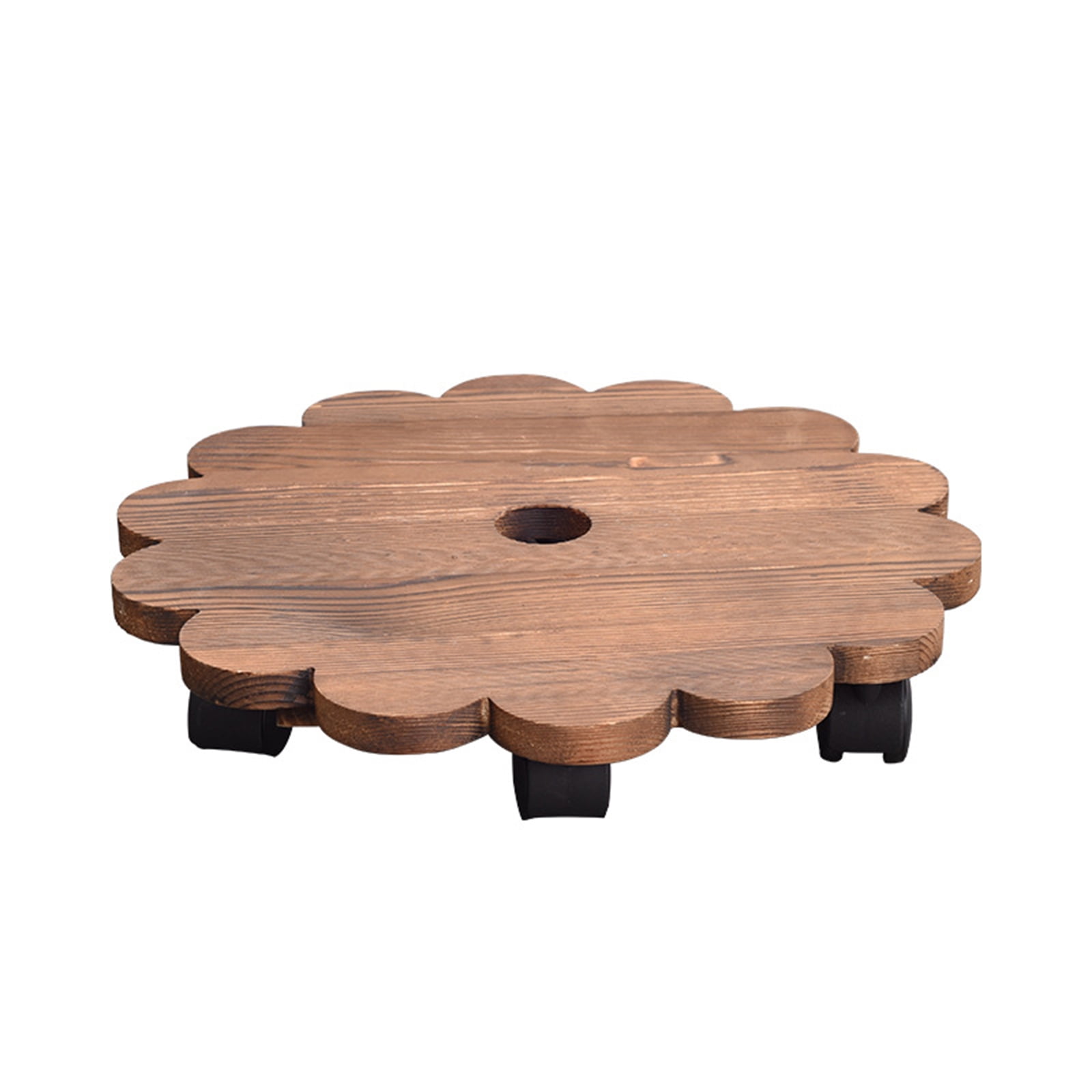 Wheeled Round Wooden Planter Caddy Movable Plant Flower Pot Stand for Home 