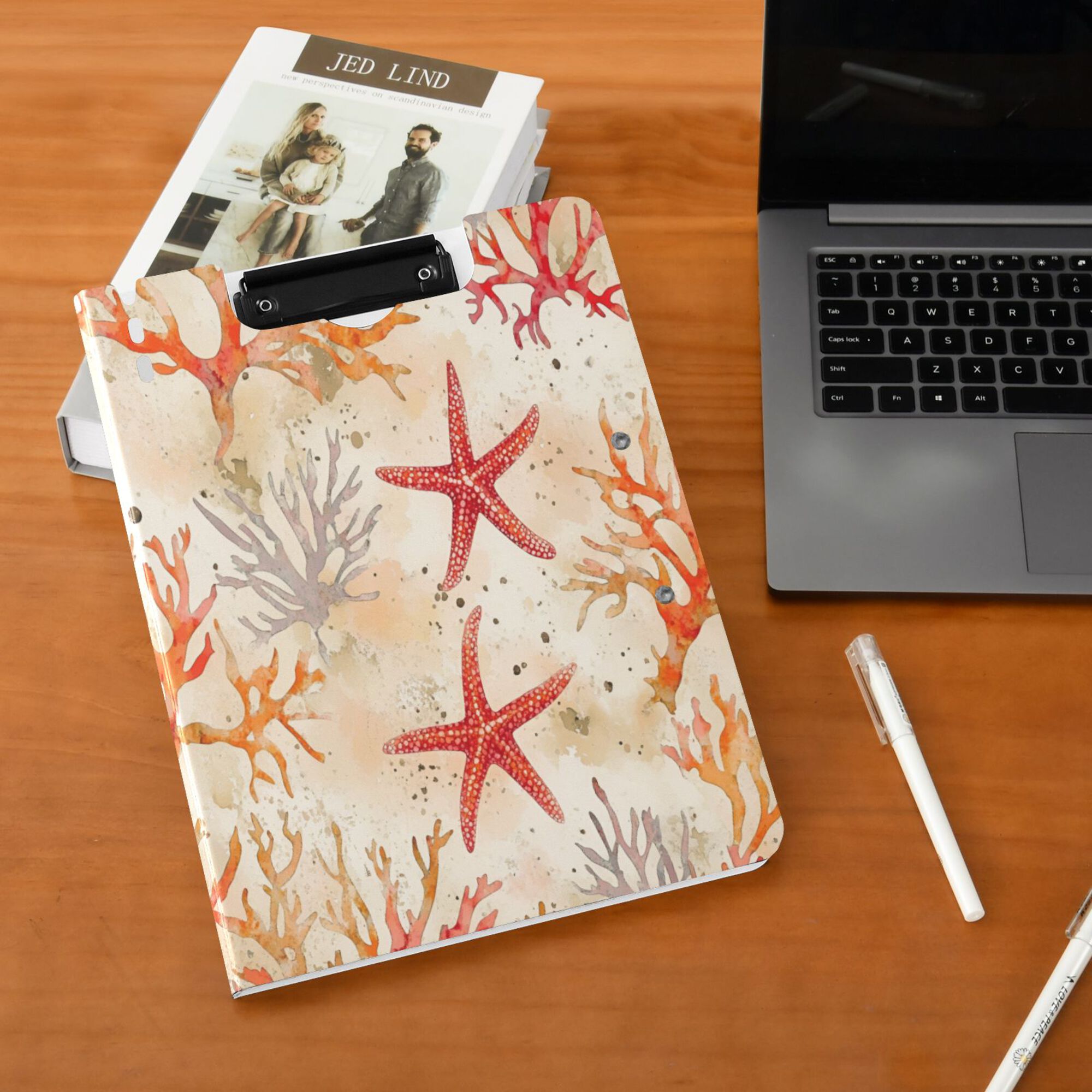 FORMRS A4 Clipboard Folder with Pen Holder Horizontal Foldable School Office Binder, Orange Starfish