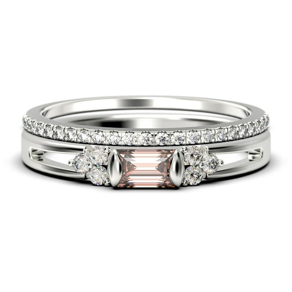 Classic Minimalist 1.50 Carat Baguette Cut Morganite And Diamond Moissanite Engagement Ring, Split shank Wedding Ring in 925 Sterling Silver With 18k White Gold Plating,Promise Ring, Bridal Rings Set