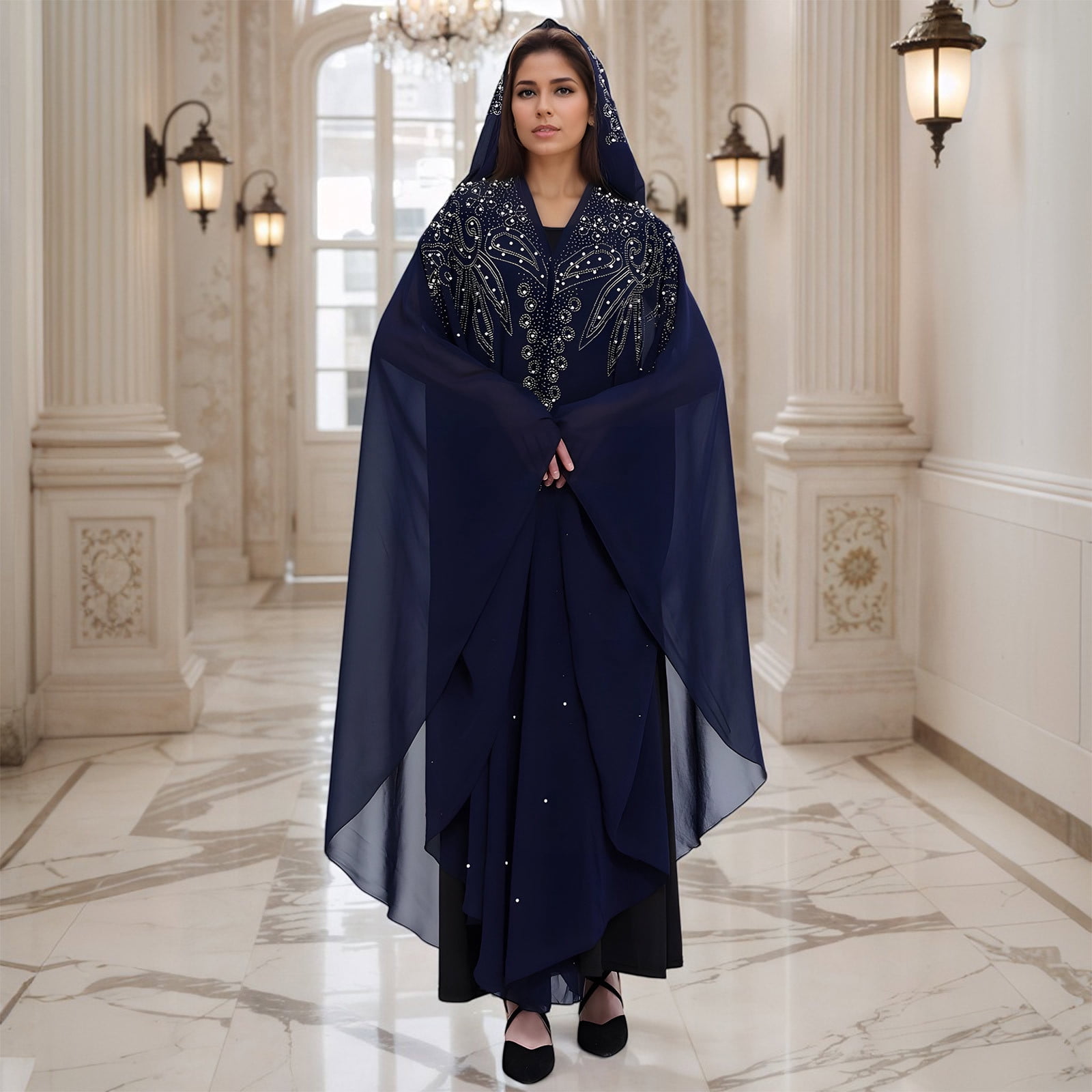 Long Sleeve Shirts for Women, Muslim Dress for Women Loose Batwing Sleeved Hooded Beaded Embroidery Long Abaya Dress Kaftan Abayas Islamic Robe