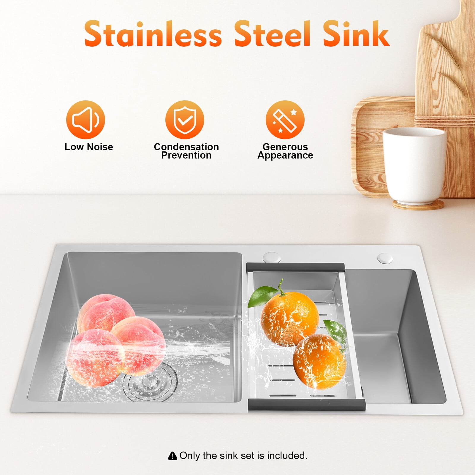 Rectangle Kitchen Sink, Stainless Steel Sink Bowl with Drainage Filters and Drain Basket, Double Bowl Design, Large Capacity, Free Strainer Waste, Silver (78 x 43cm)