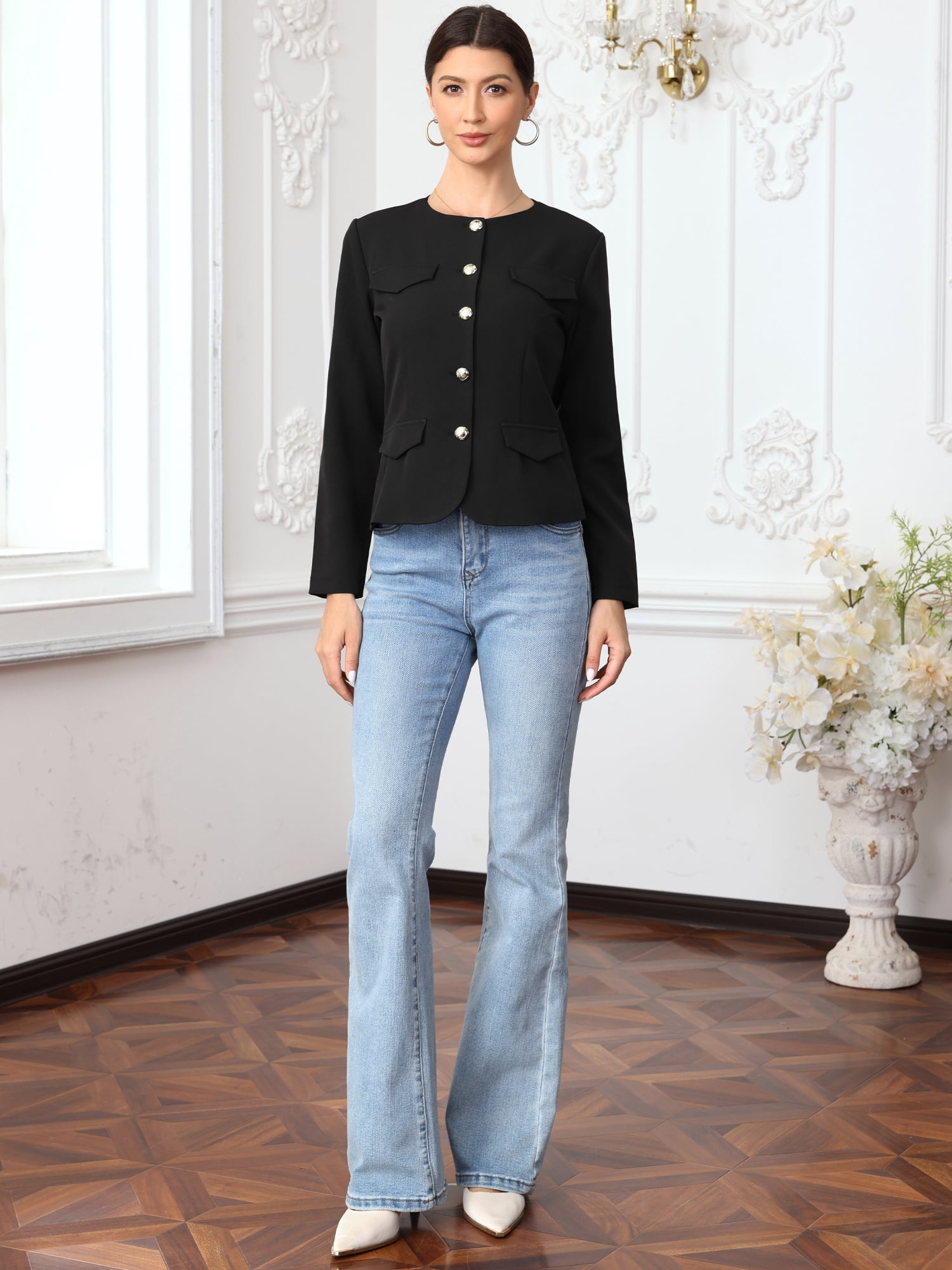 DARING DIVA Women's Collarless Button Down Long Sleeve Blazer Jacket L Black