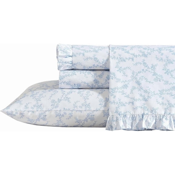 Queen Size Crisp Cotton Percale Sheet Set with Ruffle Pillowcases Deep Pocket Fitted Sheet Victoria Blue