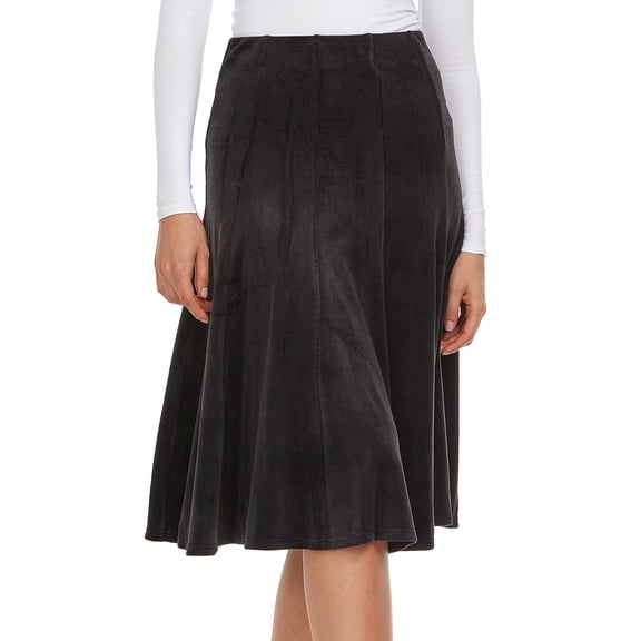 BGDK Women’s Velour Panel Midi Skirt – 27 Inch Length, Elastic Waist, A-Line Pleated Skirt, Soft Comfortable Fit and Flare – Black Large