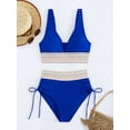 thumbnail image 3 of Women Tummy Control Swimsuits Color Block Two Piece Drawstring Bathing Suit Royal Blue M, 3 of 7