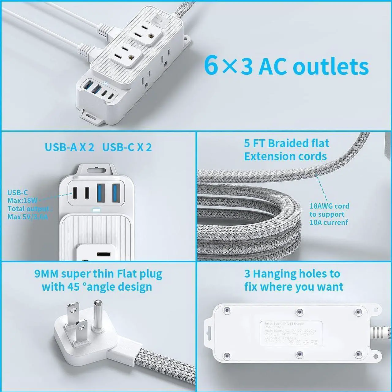 Power Strip Surge Protector - 6 Outlets and 4 USB (2 USB C), 5Ft Braided Cord with Ultra Thin Flat Plug, Wall Mount, 3-Side Outlet Extender, Compact for Travel, Cruise Ship, Dorm Room