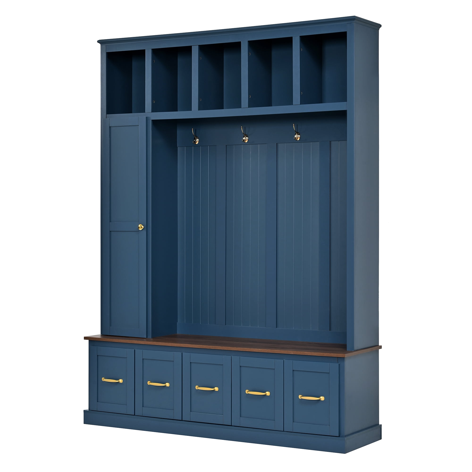 Howcool 59"W Hall Tree with Shoe Storage Bench and 5 Coat Hooks,Freestanding Organizer Cabinet with 5 Drawers,Top Cubbies for Entryway,Mudroom,Navy Blue