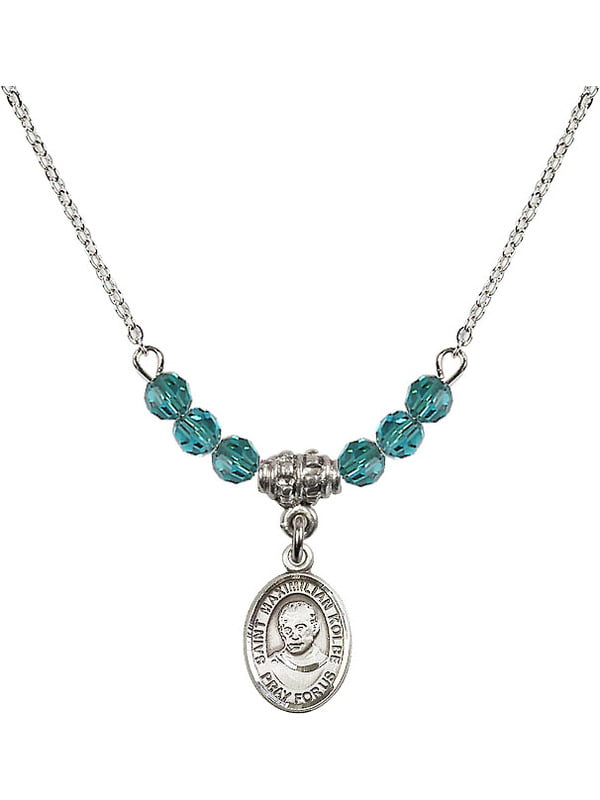 18-Inch Rhodium Plated Necklace with 4mm Aqua Birthstone Beads and Sterling Silver Saint Maximilian Kolbe Charm.