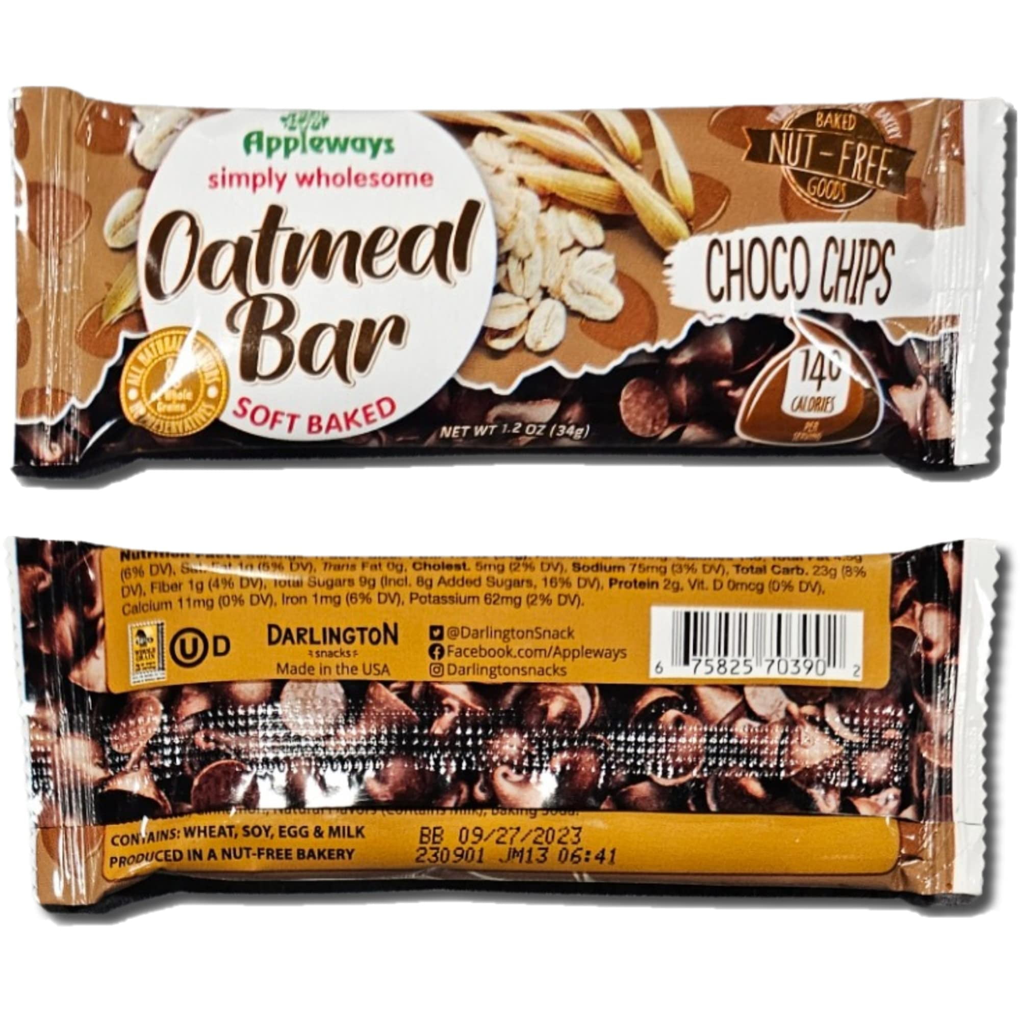 Appleways Chocolate Chip Oatmeal Bar School Snacks | 1.2 Ounce | Pack of 24