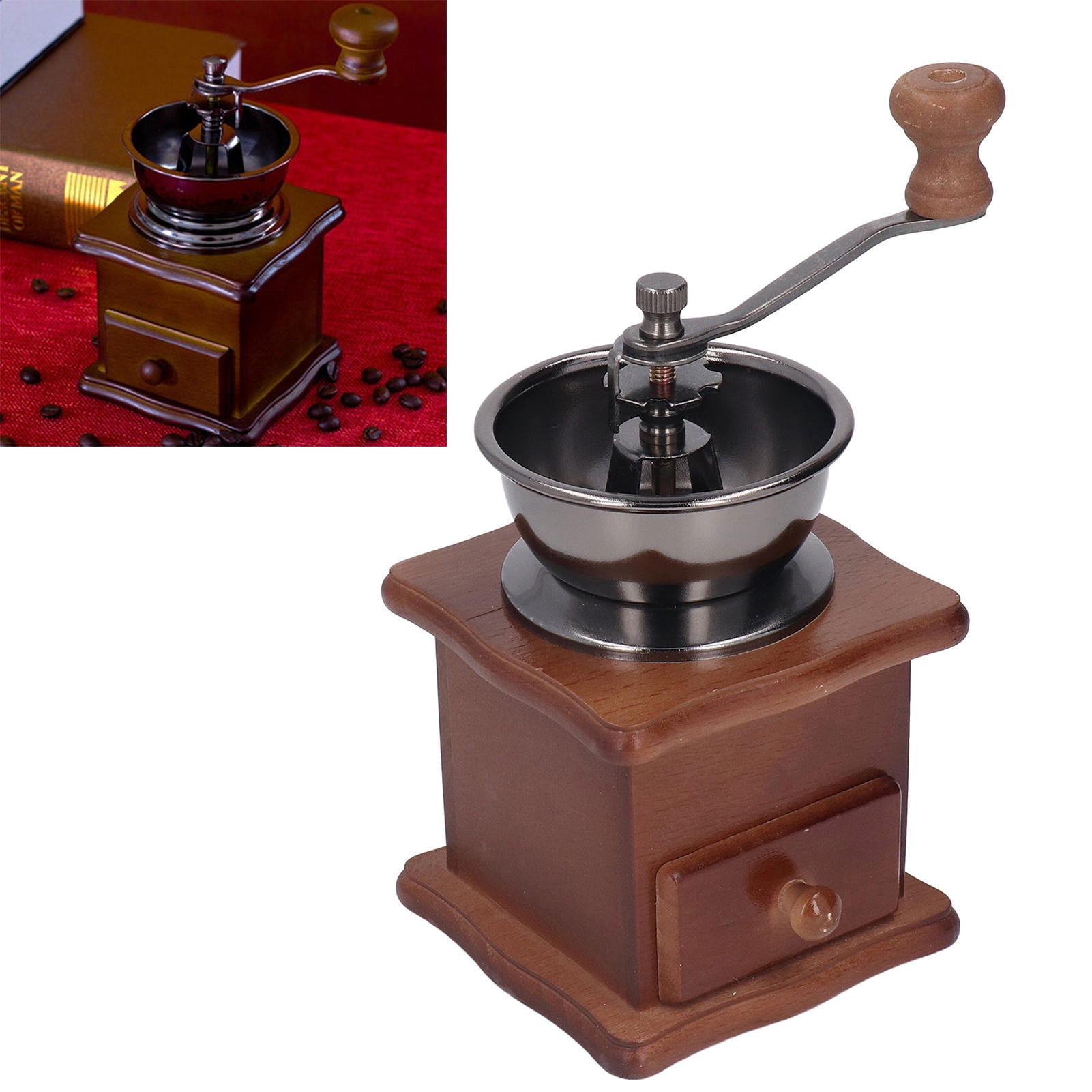YAHHU Retro Hand Coffee Grinder – Beech Wood Base, Stainless Steel Core, Adjustable Grind, Manual Pour‑Over Mill