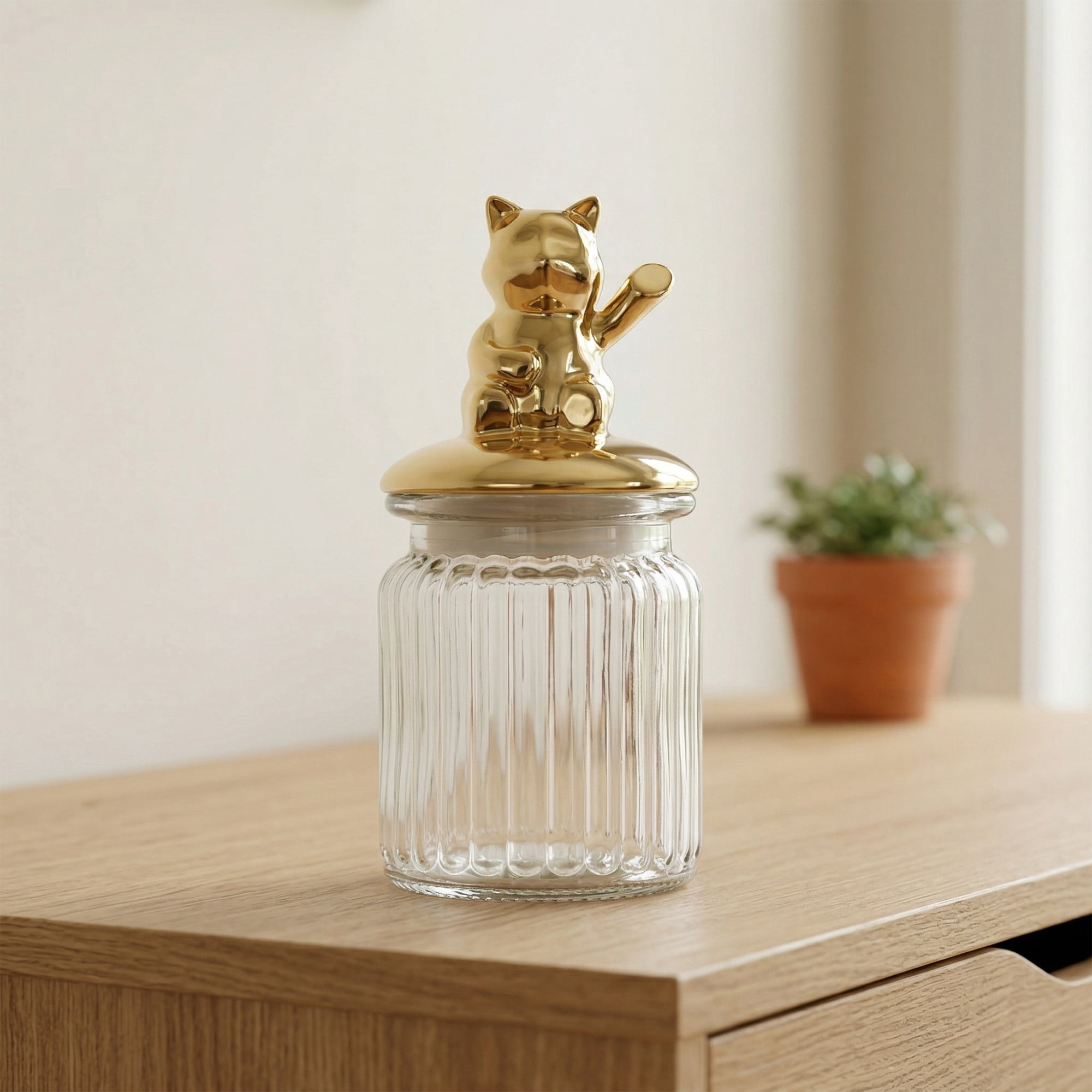 Unique Bargains Decorative Glass Jar With Lid Golden Kitten 3" x 3" x 5.5"