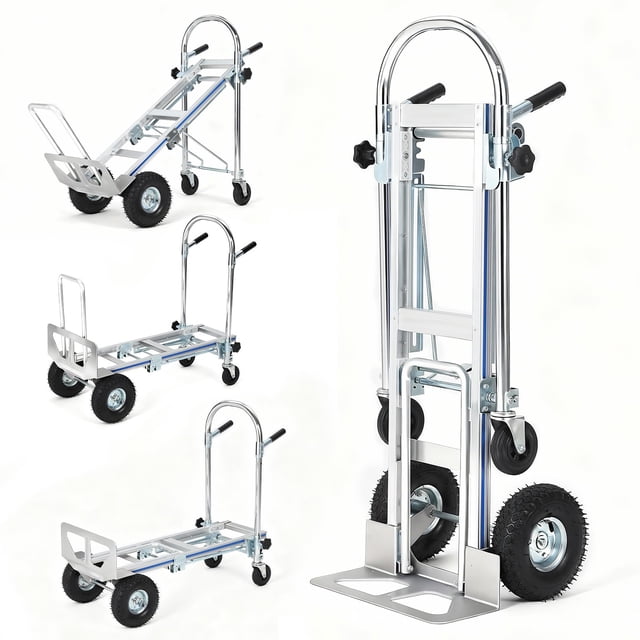 qinaqin diablito plegable 3 en 1 de aluminio con doble rueda y capacidad de 1000 lb, carrito convertible para mudanza, reparto, almacén u hogar — Vista en ángulo y frontal mostrando modos diablito, plataforma y plegado; chasis de aleación de aluminio, plataforma antideslizante, mango ergonómico con empuñaduras negras, ruedas delanteras neumáticas de 10" y traseras macizas de 5" con giro 360°, pedal de apertura y clips de bloqueo; carga 454 kg (1000 lbs). También apto para transportar herramientas y cajas en recorridos cortos.