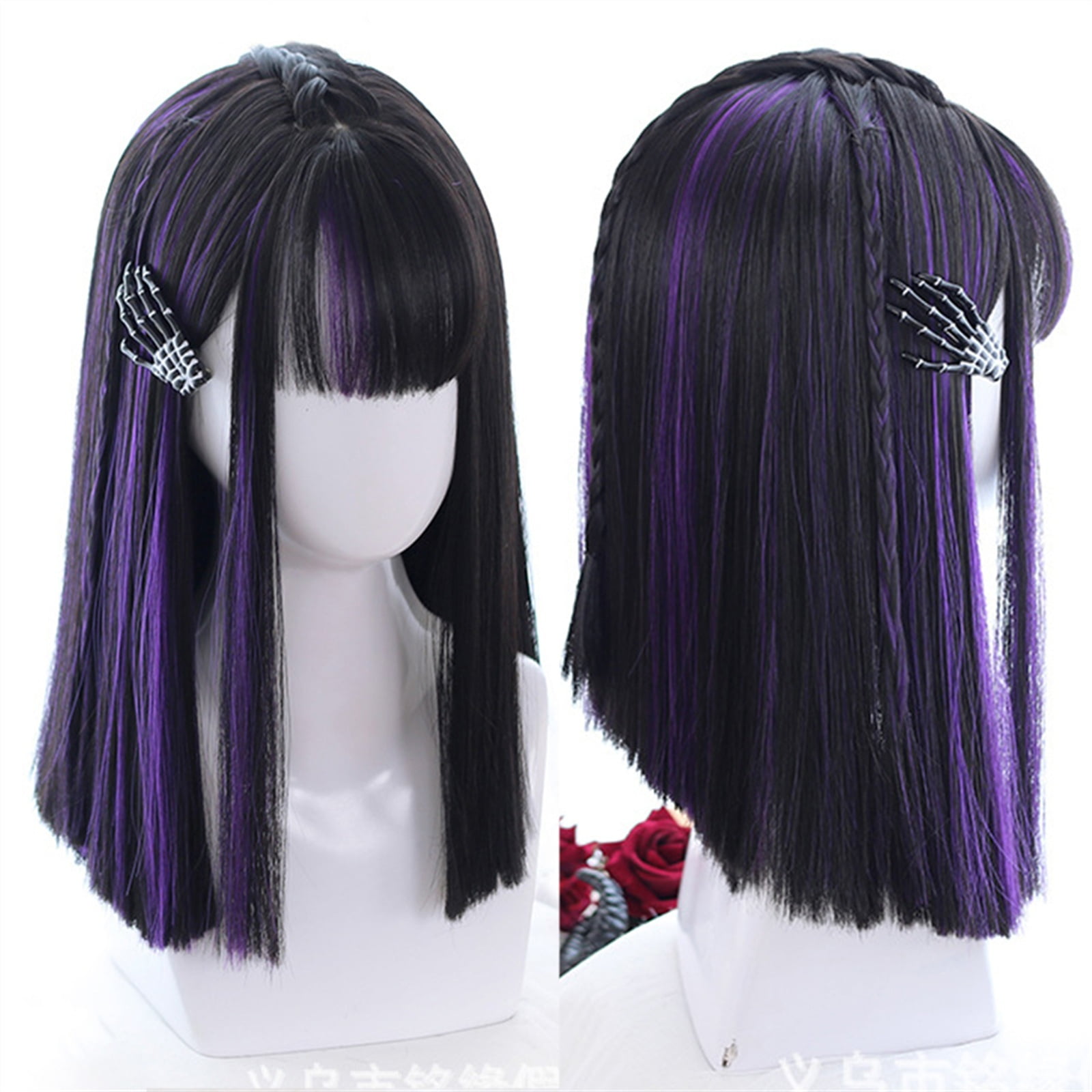 Medium Length Straight Hair Wig with Bangs, Synthetic Purple Highlights Black Bangs Wig Natural Looking Daily Cosplay Party Wig for Women Girls