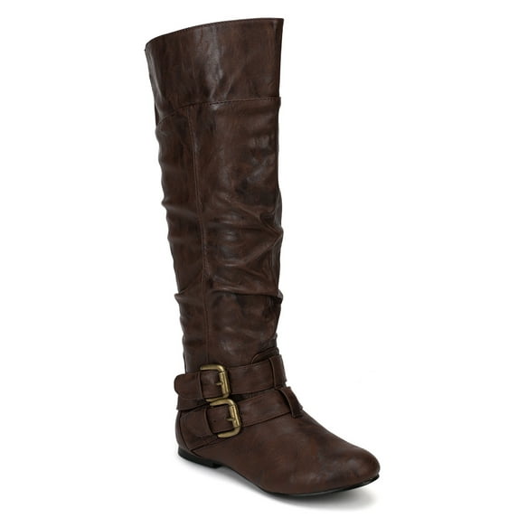 Nature Breeze Vickie-20 New Women Leatherette Buckle Slouchy Knee High Flat Boot
